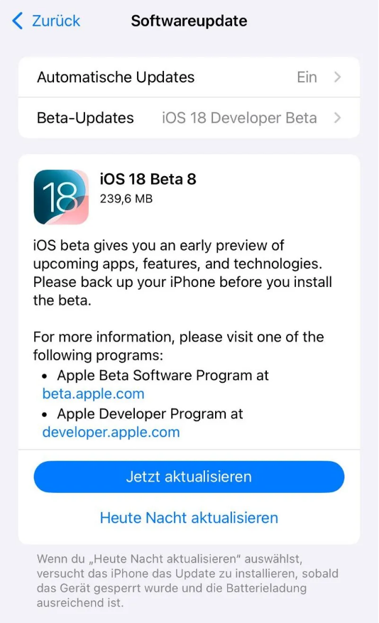 鲁山苹果手机维修分享苹果 iOS / iPadOS 18 开发者预览版 Beta 8 发布 